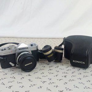 Vintage Konica Autoreflex 35mm SLR w/ Vietnam Film Cases